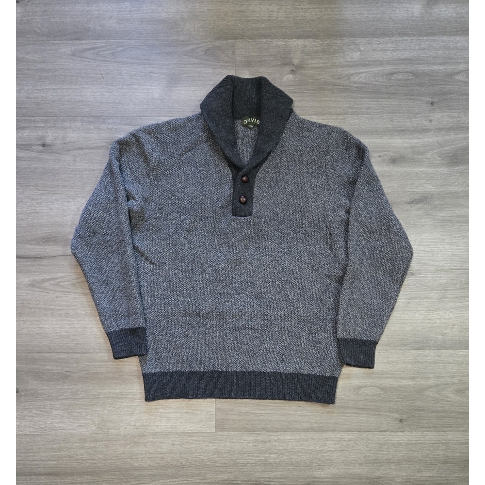 Orvis Sweater Mens Medium Shawl Collar 100% Lambswool Long Sleeve Textured Gray